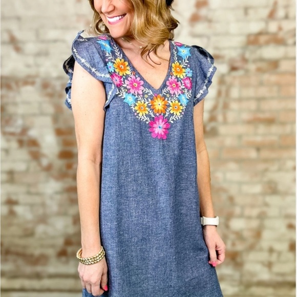THML Blue Chambry Dress with Colorful Floral Embroidery - Picture 2 of 7